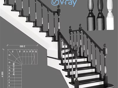 Modern Staircase Design With Handrail Balusters Steps And Dimension Details 3d model