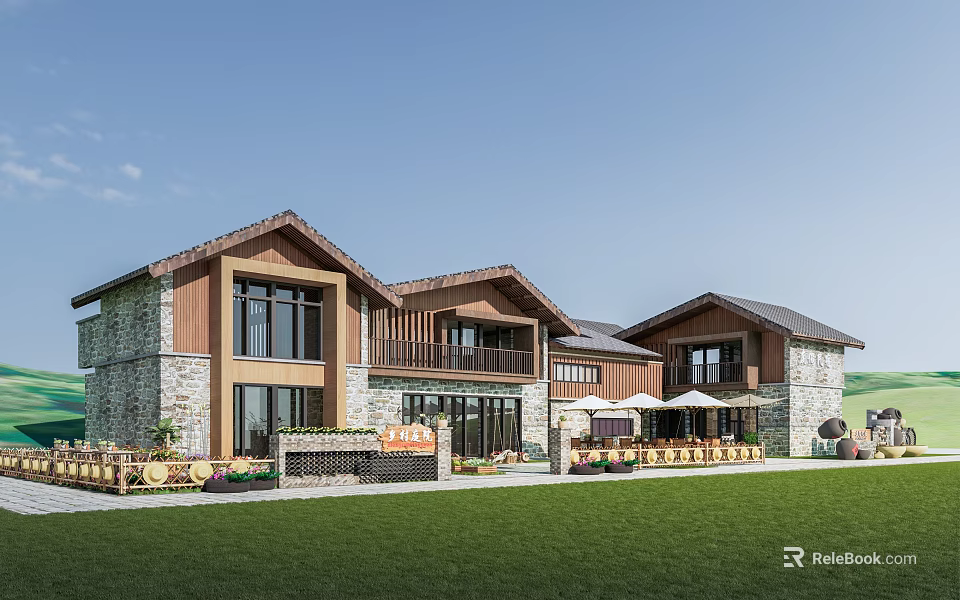 Rustic Modern Detached Villa With Wooden Stone Exterior Large Windows And Green Lawn 3d model 