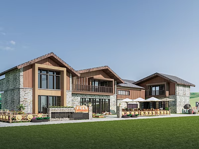 Rustic Modern Detached Villa With Wooden Stone Exterior Large Windows And Green Lawn 3d model