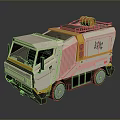 White And Yellow ABCO Truck With Orange Barrel On Top And Worn Exterior