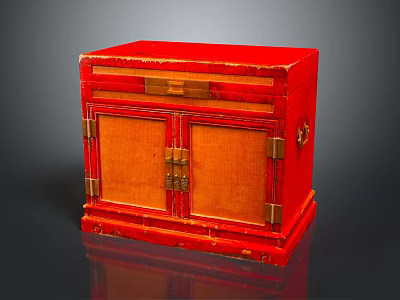 Traditional Red Entryway Side Cabinet With Wooden Doors And Metal Hardware 3d model
