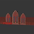 Three Gothic Arched Windows With Wooden Bookshelves And Wall Panel