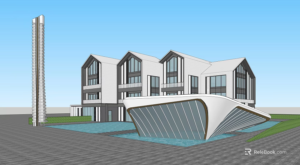 Modern White Sales Office Building With Large Windows Curved Front Structure And Water Feature 3d model 