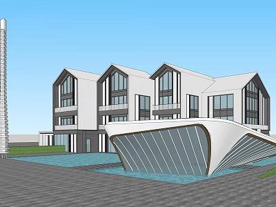 Modern White Sales Office Building With Large Windows Curved Front Structure And Water Feature 3d model