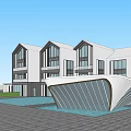 Modern White Sales Office Building With Large Windows Curved Front Structure And Water Feature