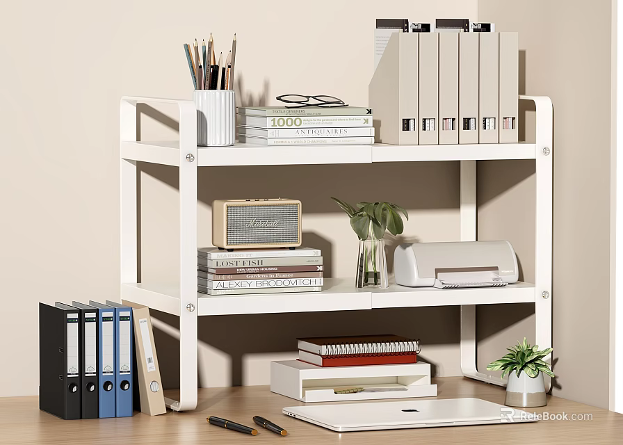 Organized Workspace Laptop on Desk With White Shelf Books Binders Potted Plant And Stationery 3d model 
