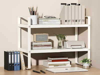 Organized Workspace Laptop on Desk With White Shelf Books Binders Potted Plant And Stationery 3d model