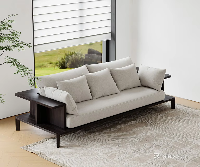 Light Gray Three Seater Sofa With Cushions Dark Wooden Frame On Rug Near Window Blinds 3d model 