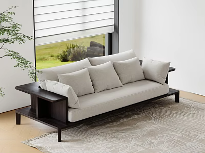 Light Gray Three Seater Sofa With Cushions Dark Wooden Frame On Rug Near Window Blinds 3d model