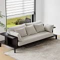 Light Gray Three Seater Sofa With Cushions Dark Wooden Frame On Rug Near Window Blinds