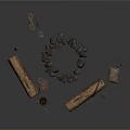 Rustic Scene Design Elements Featuring Stone Circle Wooden Logs Barrel And Tools