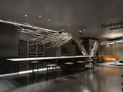 Modern Exhibition Hall Interior With Decorative Branch Design And Bar Counter 3d model