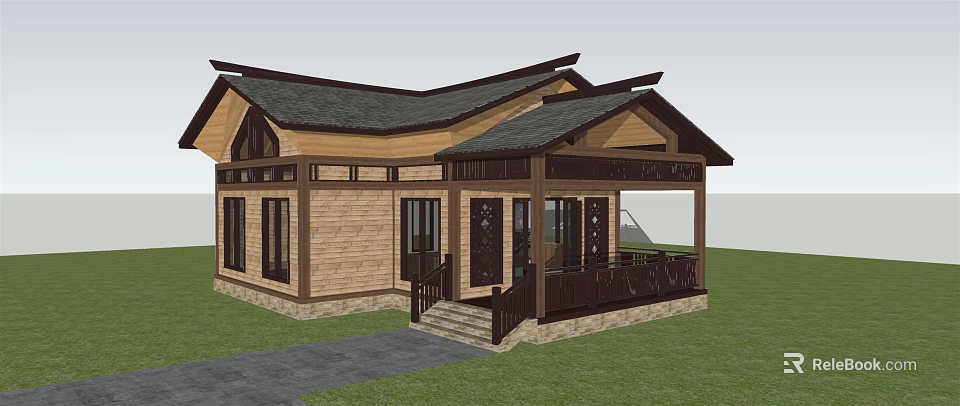 Traditional Wooden Homestay Building With Black Roof Veranda Steps And Grass Pathway 3d model 