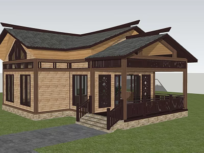 Traditional Wooden Homestay Building With Black Roof Veranda Steps And Grass Pathway 3d model