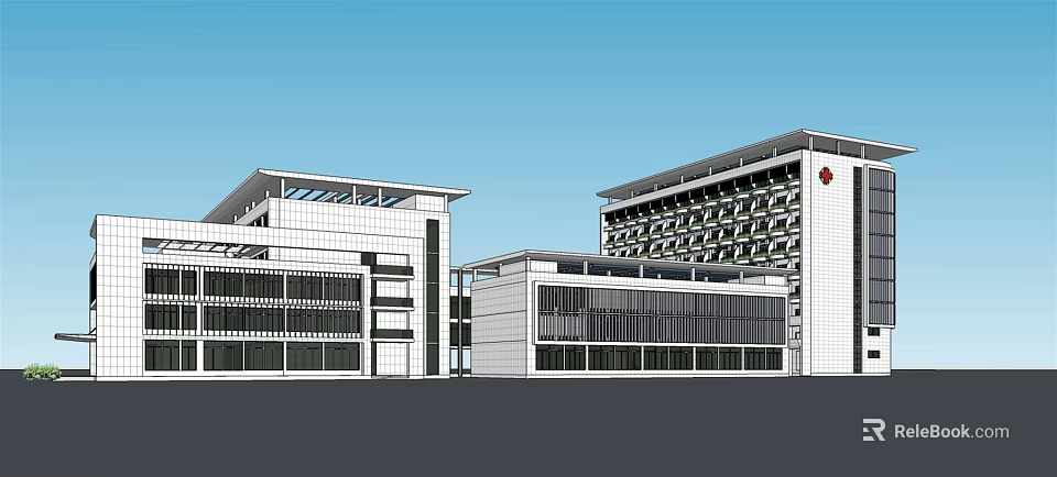 Modern Multi Story Hospital Building Exterior With Red Cross Symbol And Glass Windows 3d model 