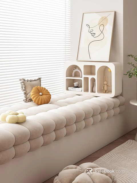 Cushioned Bay Window Seat Interior With Window Blinds Shelving Unit And Pumpkin Decor 3d model 
