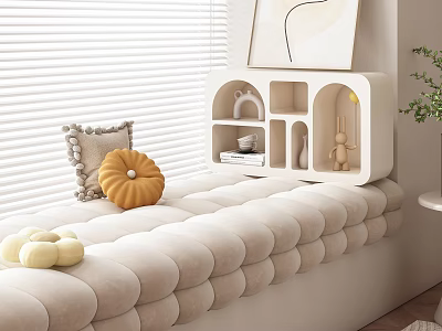 Cushioned Bay Window Seat Interior With Window Blinds Shelving Unit And Pumpkin Decor 3d model
