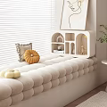 Cushioned Bay Window Seat Interior With Window Blinds Shelving Unit And Pumpkin Decor