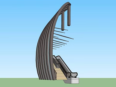 Modern Curved Sunshade Structure with Stylish Lines Over Outdoor Escalator Entrance 3d model
