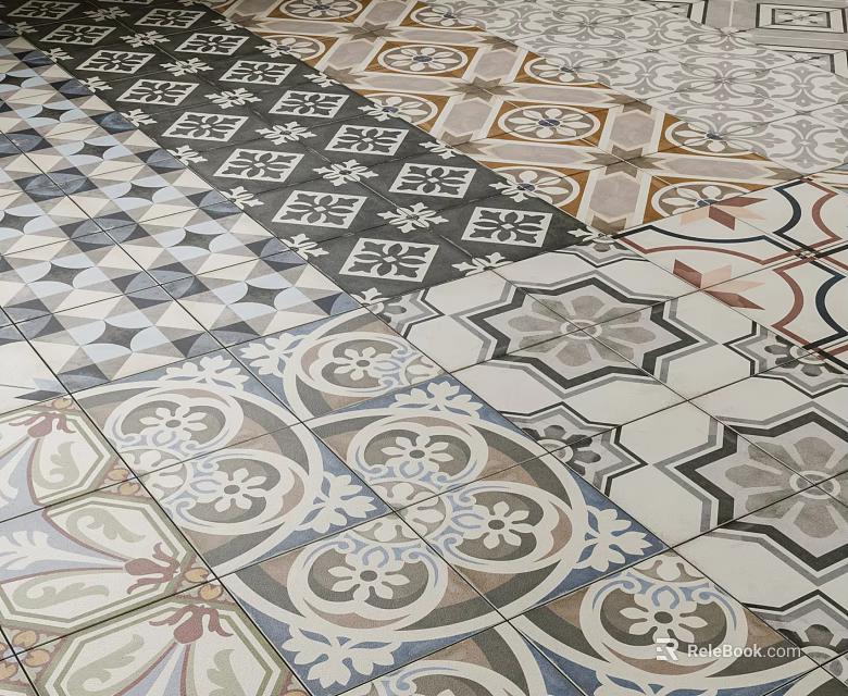 Decorative Floor Tiles With Geometric And Floral Patterns For Interior Design 3d model