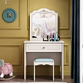 White Dressing Table with Mirror Blue Stool and Circular Decor on Yellow Wall 3d model