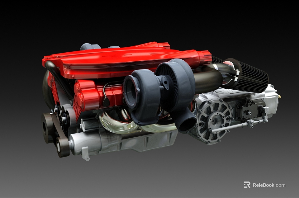 High Performance Turbocharged Engine With Red Black Components And Silver Metal Structure 3d model 