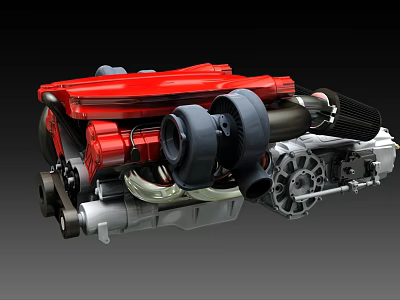 High Performance Turbocharged Engine With Red Black Components And Silver Metal Structure 3d model