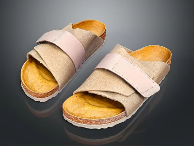 Comfortable Casual Slippers Featuring Beige Upper And Pink Cross Straps With Soft Cork Sole 3d model