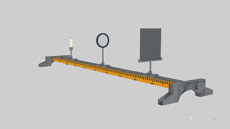 Long Yellow Striped Rail With Candle Like Object Round Mirror And Square Display Board 3d model 