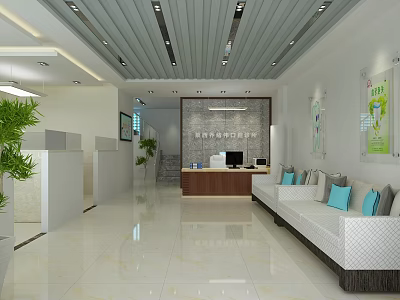 Modern Reception Area With White Walls Striped Ceiling Green Plants Wooden Desk And White Sofa 3d model