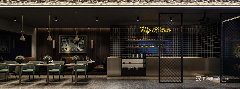 Cozy Kitchen Inspired Restaurant Interior Featuring Wine Racks Bar Counter Dining Tables And Warm Lighting 3d model 