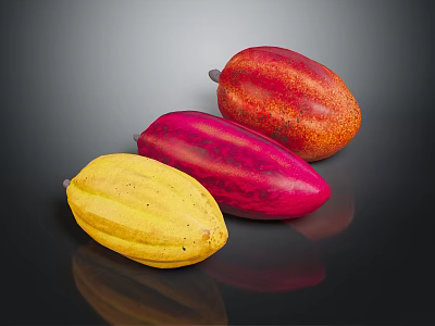 Three Vibrant Cocoa Pods in Yellow Red and Orange Tones on Reflective Black Background 3d model