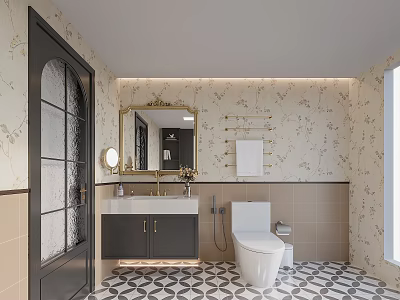 Elegant Vintage Bathroom With Floral Wallpaper Golden Decorative Mirror And Stylish Patterned Floor Tiles 3d model