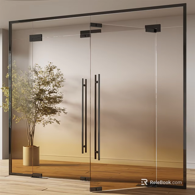 Modern Frosted Glass Door With Black Handles And Indoor Plant 3d model 