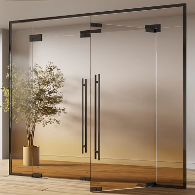 Modern Frosted Glass Door With Black Handles And Indoor Plant 3d model