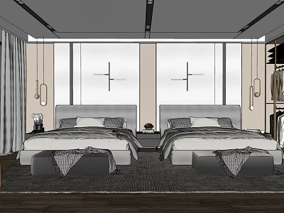 Modern Hotel Guest Room With Twin Beds Nightstands Pendant Lights And Rug 3d model