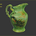Green Ceramic Jug With Peacock Design Gold Accents And Brown Handle