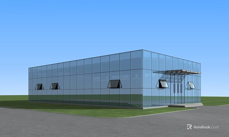 Modern Industrial Factory Building Facade With Glass Curtain Wall Large Windows And Entrance Area 3d model 