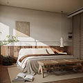 Modern Bedroom Interior With Natural Light Wooden Headboard Bench Decorative Painting And Floor Lamp