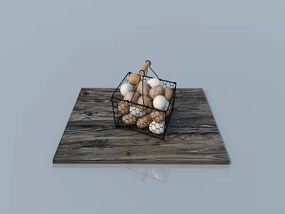 Stylish Decorative Ornament Set With Metal Wire Basket Wooden Tray And Colorful Balls 3d model