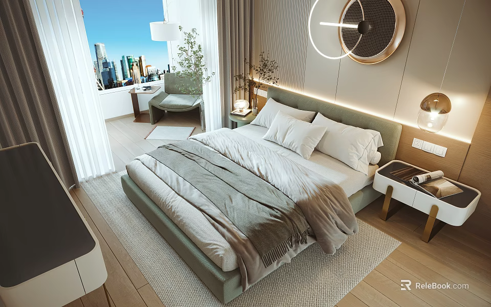Modern Double Bed with White Pillows and Gray Blanket in Bedroom with City View Window and Round Decor Lamp 3d model 