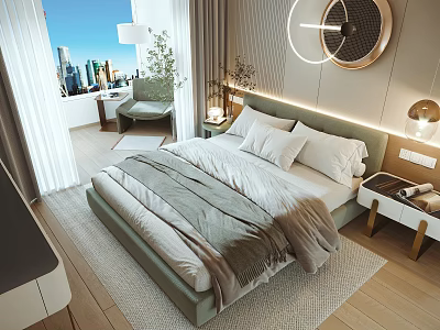 Modern Double Bed with White Pillows and Gray Blanket in Bedroom with City View Window and Round Decor Lamp 3d model