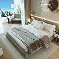 Modern Double Bed with White Pillows and Gray Blanket in Bedroom with City View Window and Round Decor Lamp