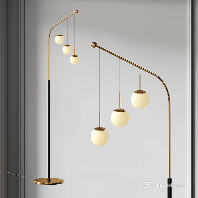 Modern Arched Floor Lamp With Brass Stand And Hanging Spherical White Bulbs 3d model 