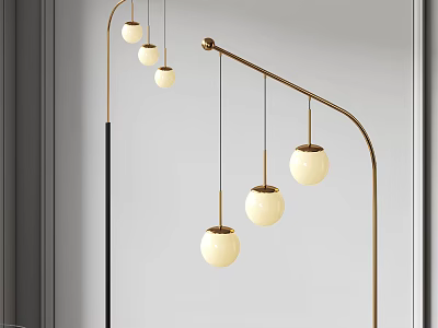 Modern Arched Floor Lamp With Brass Stand And Hanging Spherical White Bulbs 3d model