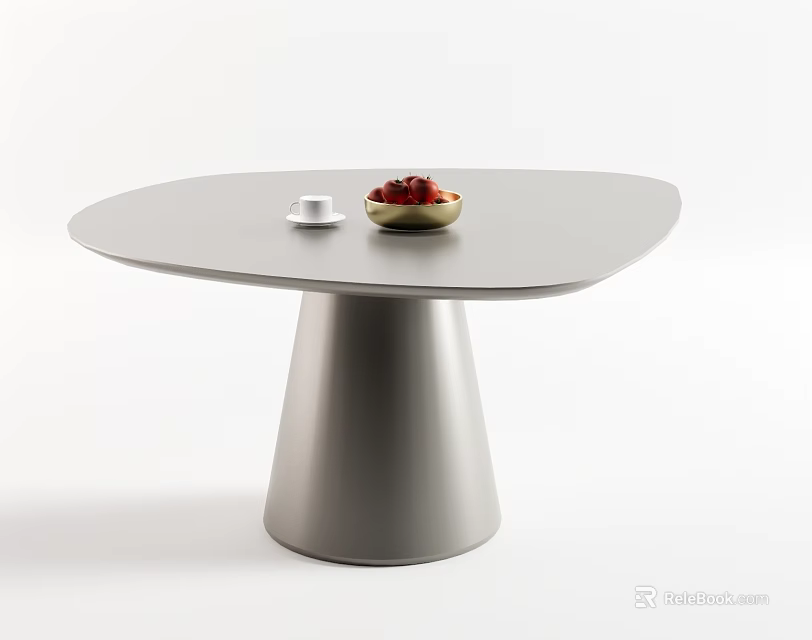 Minimalist Gray Dining Table With Conical Base And White Cup Red Fruit Bowl 3d model
