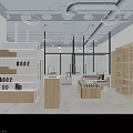 Minimalist Store Interior With White Shelves Wooden Counters And Hanging Lights
