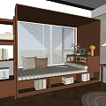 Modern Window Seat Interior With Wooden Bookshelves Blinds Pillows And Books