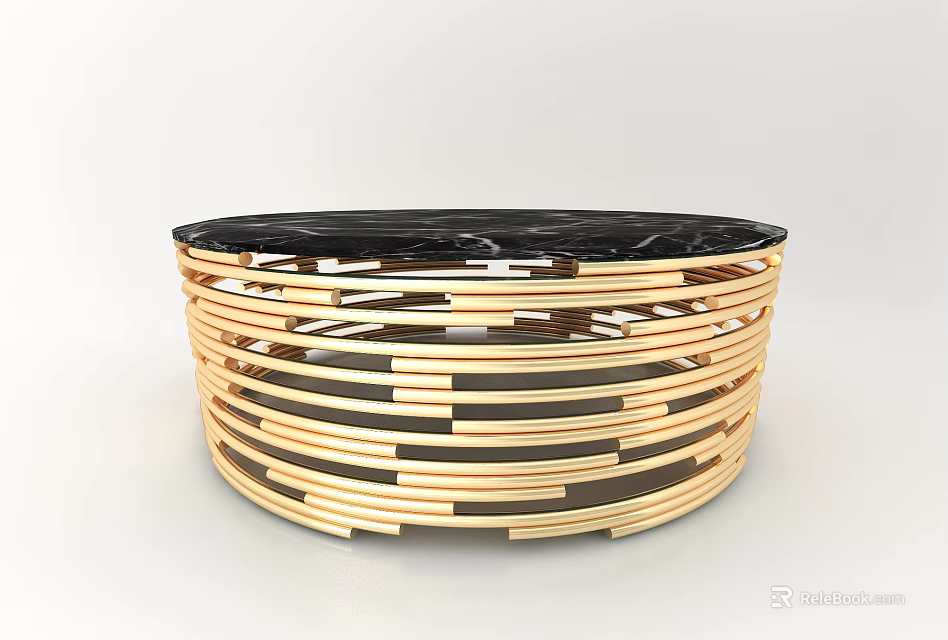 Elegant Modern Coffee Table With Round Black Marble Top Gold Striped Circular Base Design 3d model 