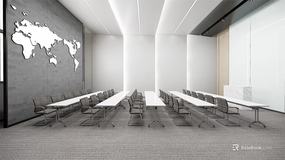Modern Meeting Room Interior With Long Tables Chairs World Map Whiteboard And Ceiling Lights 3d model 